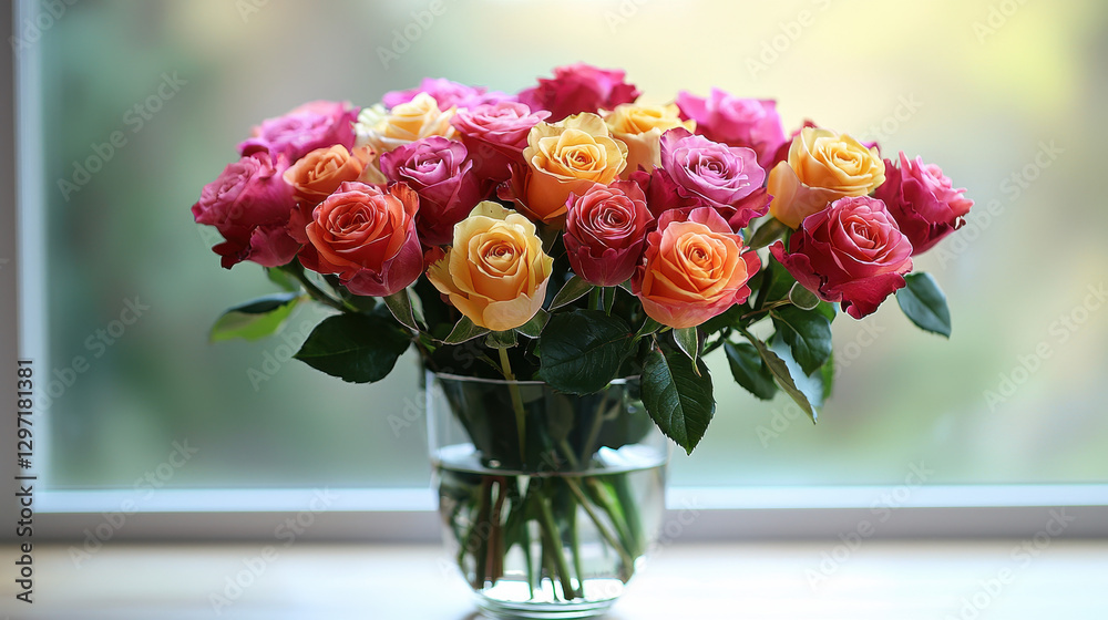Obraz premium Brightly colored bouquet of roses in shades of pink, red, and yellow arranged beautifully in a clear glass vase against a soft blurred background