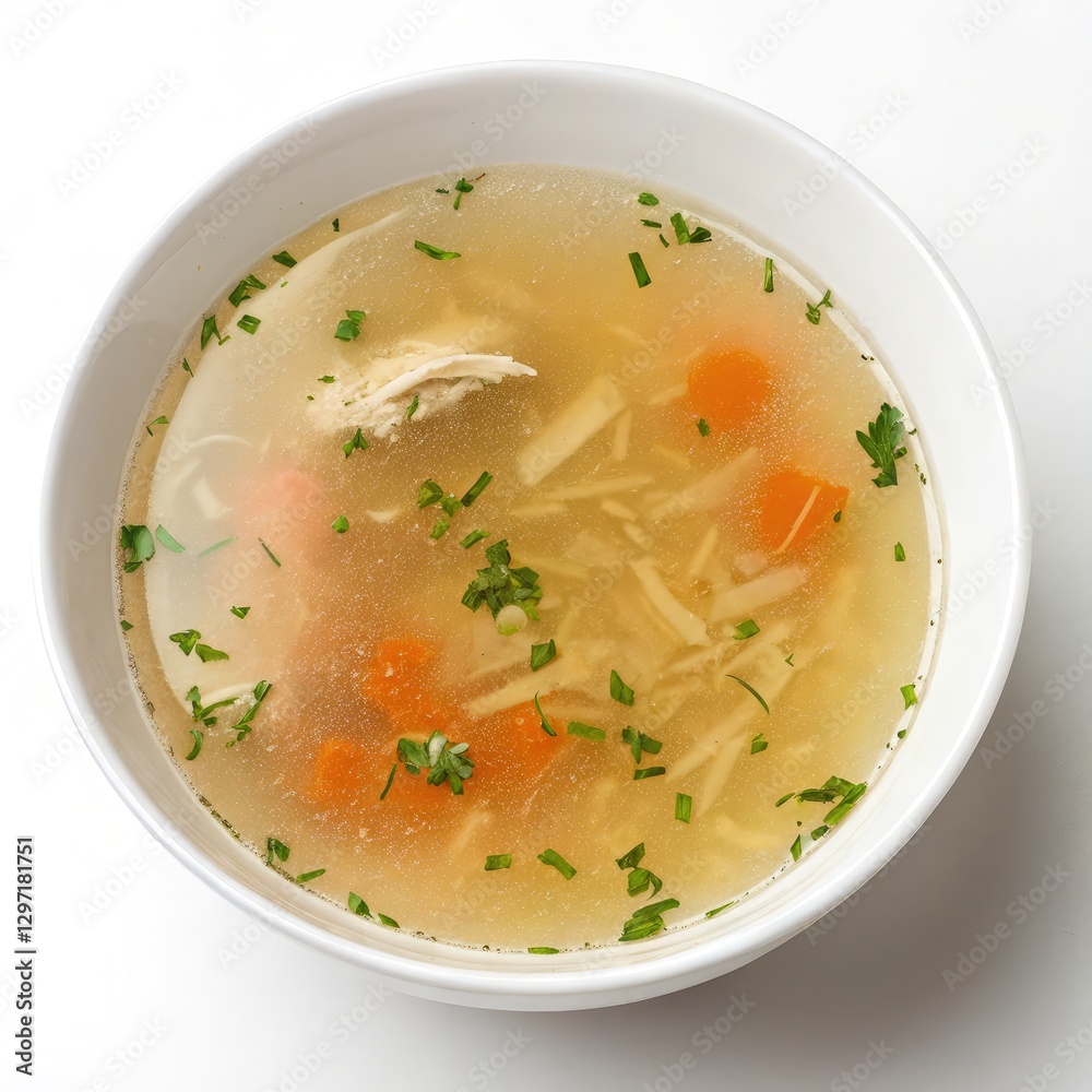 Clear Chicken Broth Served in a White Bowl With Herbs. Generative AI Clear Chicken Broth Served in a White Bowl With Herbs. Generative AI