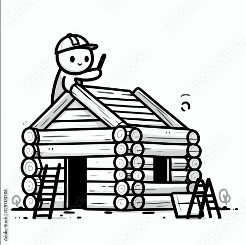Determined stickman builder completing construction of log cabin. Vector icon in flat design, perfect for web design.