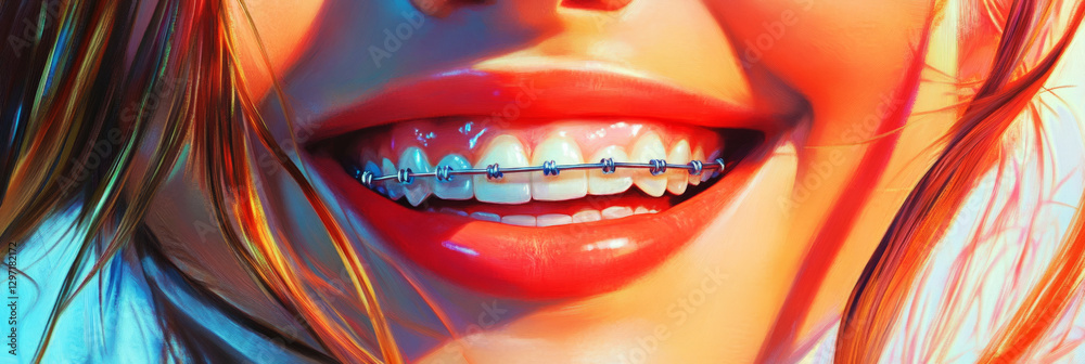 Fototapeta premium Bright smile of a girl with braces, welcoming and friendly, ideal for orthodontics marketing or promoting dental health, banner