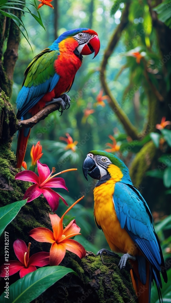 Obraz premium Two colorful parrots perch on mossy branch. Scarlet macaw and blue gold macaw rest among orange and pink flowers in dense green jungle. AI generated.