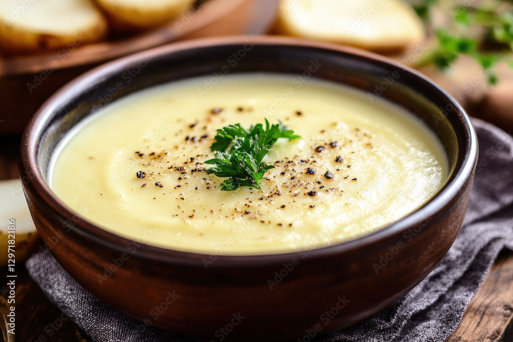 A close-up of a bowl of creamy cauliflower and potato soup garnished with fresh parsley and black pepper, served in a rustic dish, evoking warmth and comfort food. A close-up of a bowl of creamy cauliflower and potato soup garnished with fresh parsley and black pepper, served in a rustic dish, evoking warmth and comfort food.