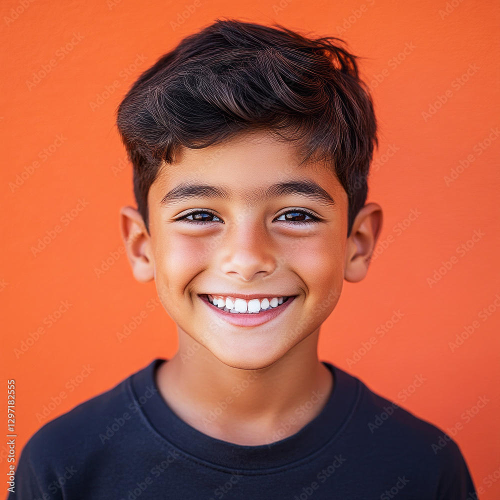 A smiling Hispanic boy, 8-10 years old, against a unicolorous pastel background, captured in a vibrant portrait style for advertising campaigns