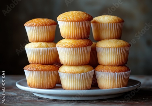 Freshly Baked Golden Vanilla Cupcakes Stacked on a White Plate Against a Rustic Wooden Background photo