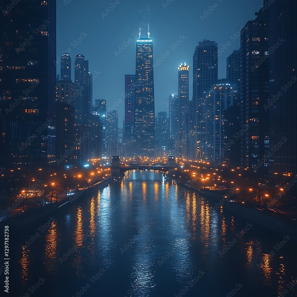 Fototapeta premium Beautiful urban night view of chicago skyline high resolution hd photo
