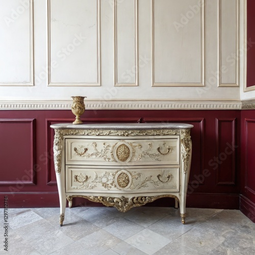 Elegant Louis Style Commode Against White and Burgundy Wall. Generative AI photo