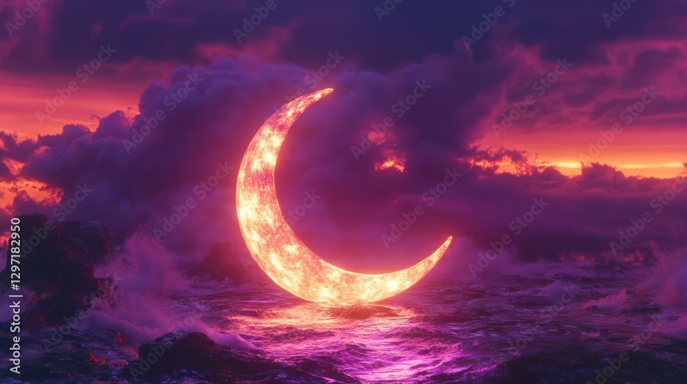 Fototapeta premium Glowing crescent moon over a purple ocean at sunset