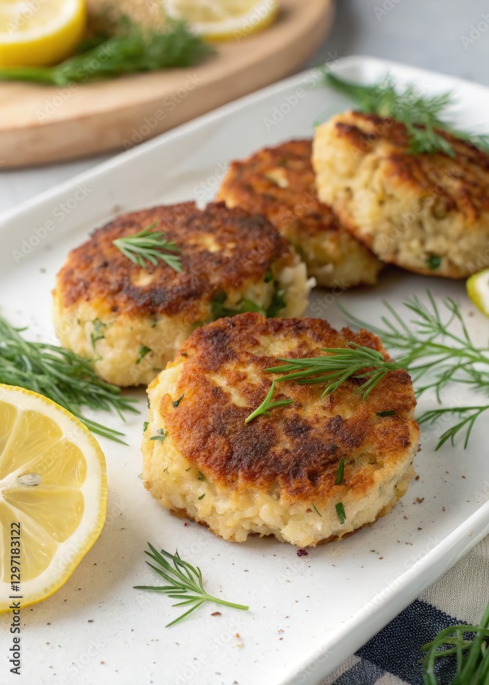 Crab Cakes Served With Fresh Lemon and Herbs on a Plate. Generative AI Crab Cakes Served With Fresh Lemon and Herbs on a Plate. Generative AI