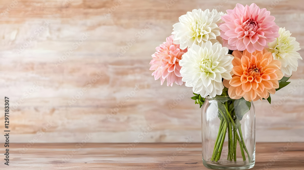 custom made wallpaper toronto digitalDahlias in glass vase, wooden background, spring