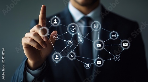 A man in a suit and tie clicks on a virtual network interface connected by lines and various virtual icons, showing digital connectivity and information interaction.