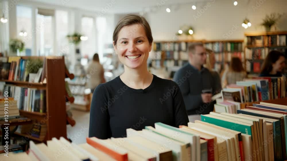 Smiling bookstore clerk woman posing in a bookstore Smiling bookstore clerk woman posing in a bookstore