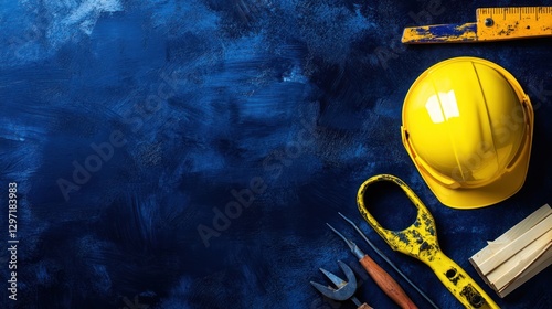 Construction Tools on Dark Blue Background photo