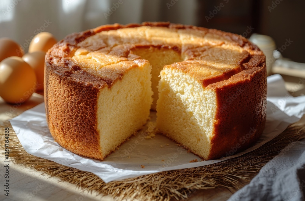 Freshly Baked Yellow Cake Slice on Table Surrounded by Eggs and Natural Light in a Cozy Kitchen Setting Freshly Baked Yellow Cake Slice on Table Surrounded by Eggs and Natural Light in a Cozy Kitchen Setting