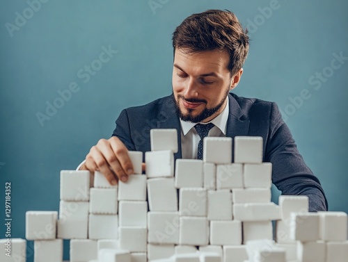 A focused man in a suit is building with white cubes, which can be related to concepts of construction, planning, and professional tasks.