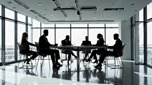 Silhouetted business meeting in a modern office, captured from a low angle. The video conveys professionalism and collaboration in a sleek setting.