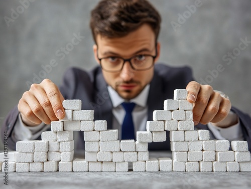A man in a suit and glasses focuses on adjusting the structure of white cubes, which implies processes of construction, planning and problem - solving in a professional context.