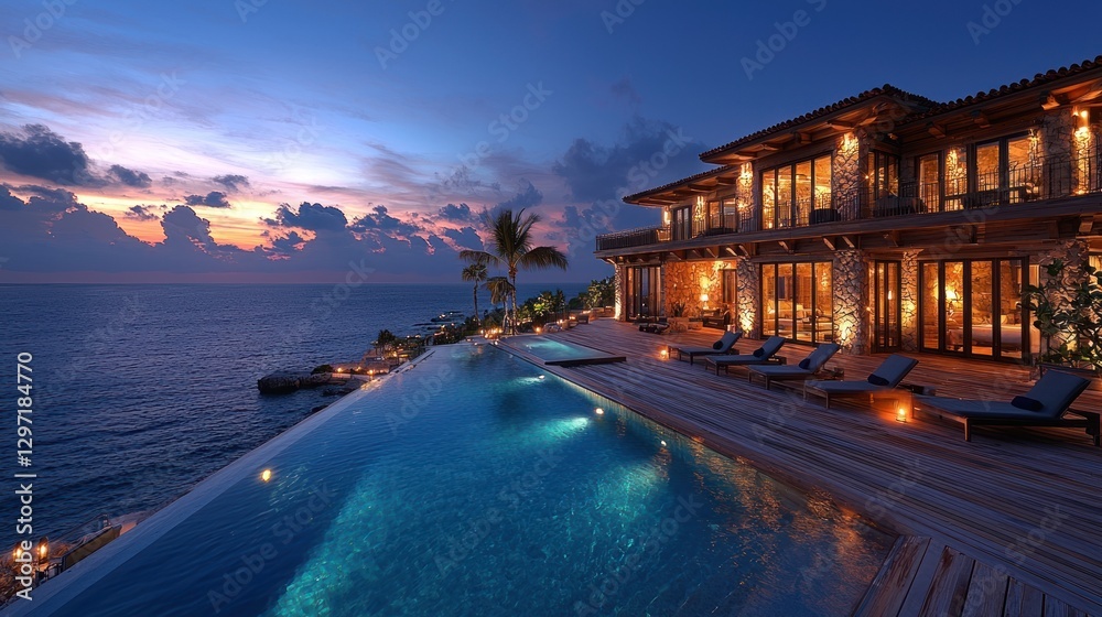 Fototapeta premium A Luxurious Oceanfront Estate Showcasing Evening Ambiance and Tranquility