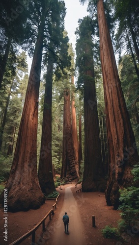 Man walks trail among giant redwood trees in forest. Tall trunks extend high to sky with green canopy.