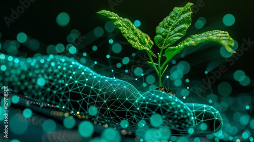 Futuristic blue network landscape showcasing digital hand nurturing green sprout for sustainability