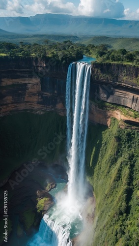 Kalambo Falls aerial view. Tall waterfall drops into green canyon with water spray in Zambia Africa. Trees and mountain landscape in summer.