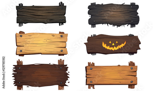 Halloween Themed Wooden Plank Vector Set with Jack-O'-Lantern Copy Space for Graphic Design