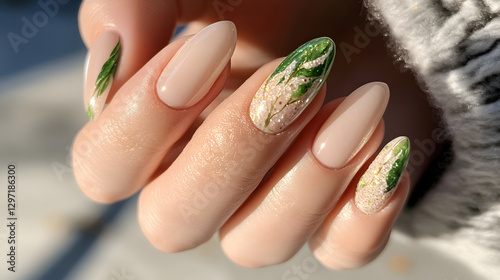 Close-up of beautifully manicured nails featuring floral and leaf designs.