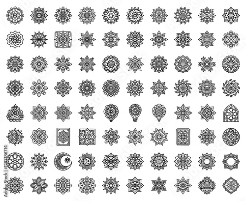 Set of Ornamental Geometric Mandala Symbols - Collection of black and white ornamental mandala symbols with intricate geometric patterns, perfect for decorative, spiritual, and design applications.