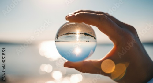 Crystal ball capturing upside down sunset at the beach with hand focus in foreground