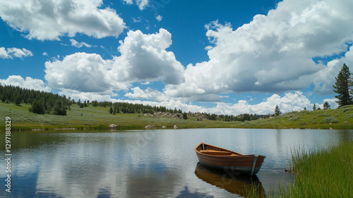 Beautiful shot of a small lake with a wooden rowboat floating peacefully surrounded by lush greenery and serene natural reflections.







