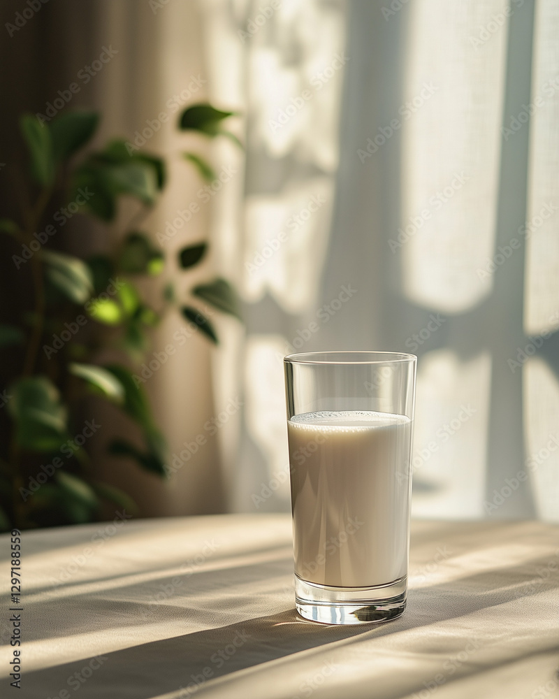 Glass of milk on table with sunlight and shadows Glass of milk on table with sunlight and shadows