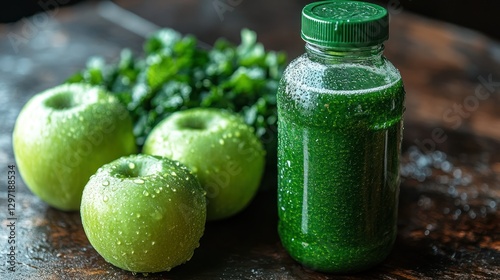 Fresh Green Smoothie Ingredients on Wooden Table photo