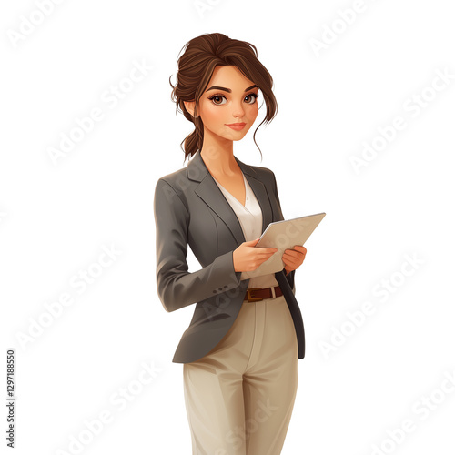 A confident businesswoman avatar in a sleek blazer, holding a tablet, with a welcoming expression generative AI
