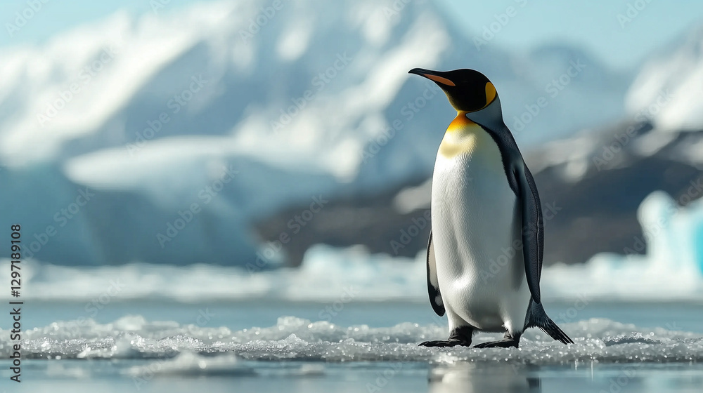 Obraz premium penguin stands on icy terrain with snowy mountains in background
