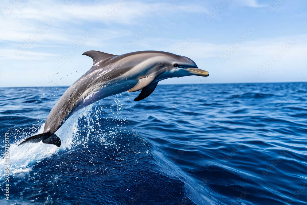 Fototapeta premium dolphin gracefully leaps out of ocean under clear blue sky