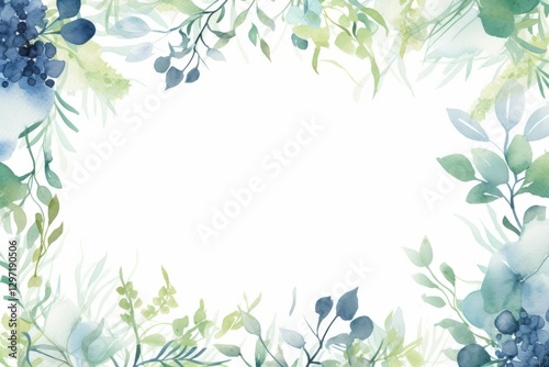 Wallpaper Mural Green and light navy colors watercolor floral square frame on white background. Torontodigital.ca