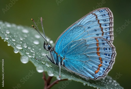 Blue copper butterfly resting on a dew-covered leaf, captured in extreme close-up with hyper-realistic textures, intricate wing patterns, and a reflective exoskeleton in high contrast Generative AI