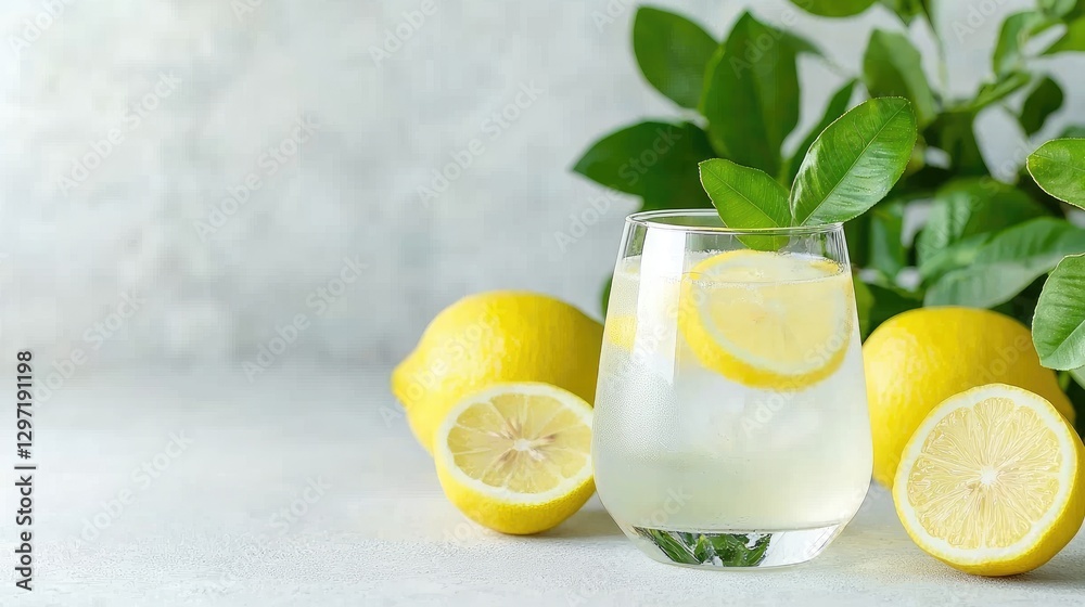 Refreshing lemonade drink with lemons on light background. Possible use Stock photo Refreshing lemonade drink with lemons on light background. Possible use Stock photo