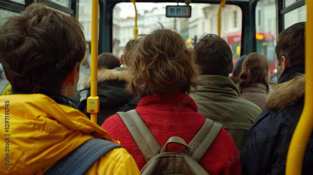 Obraz premium Crowded bus interior during rush hour with people standing close and yellow grips for support