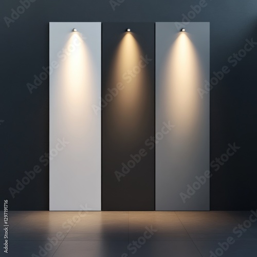 Three walls with different colors (white, gray, black) illuminated by the same light source, demonstrating light reflection differences, realistic, high detail, studio lighting