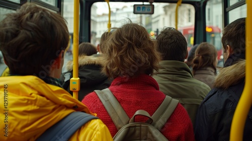 Crowded bus interior during rush hour with people standing close and yellow grips for support