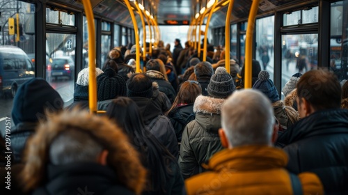 Crowded bus interior during rush hour with close standing passengers and yellow grip handles