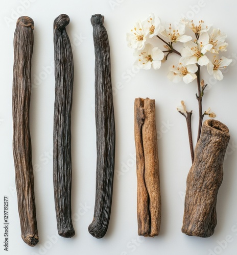 Natural vanilla pods with delicate white flowers arranged on a light background showcasing the beauty of nature and culinary ingredients for food photography