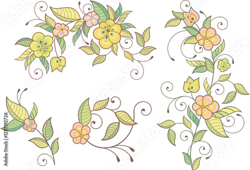 Vector ornamental doodle flowers series for spring, summer and wedding decorative designs. Garlands, bouquets, wreaths, swirls, leaves, design elements. Oriental, Persian and Asian style.