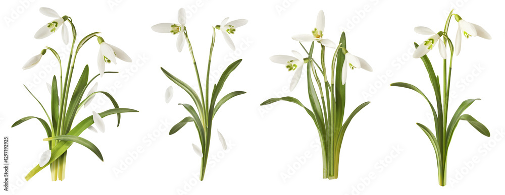 Obraz premium Creative set, collection with many Beautiful Snowdrop flowers with green leaves falling in the air isolated on white background. Spring time levitation or zero gravity conception.