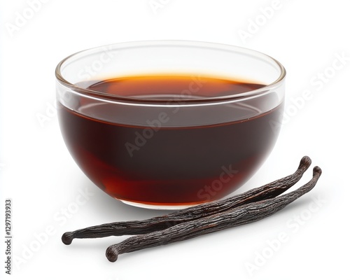 Pure vanilla extract in a clear glass bowl with two fresh vanilla beans on a white background showcasing rich, dark color and natural ingredients for baking.