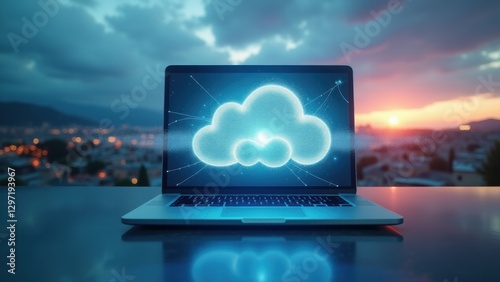 Open laptop reveals ai in the cloud, with distributed systems flowing as a transparent wave to signify advanced cloud computing power.