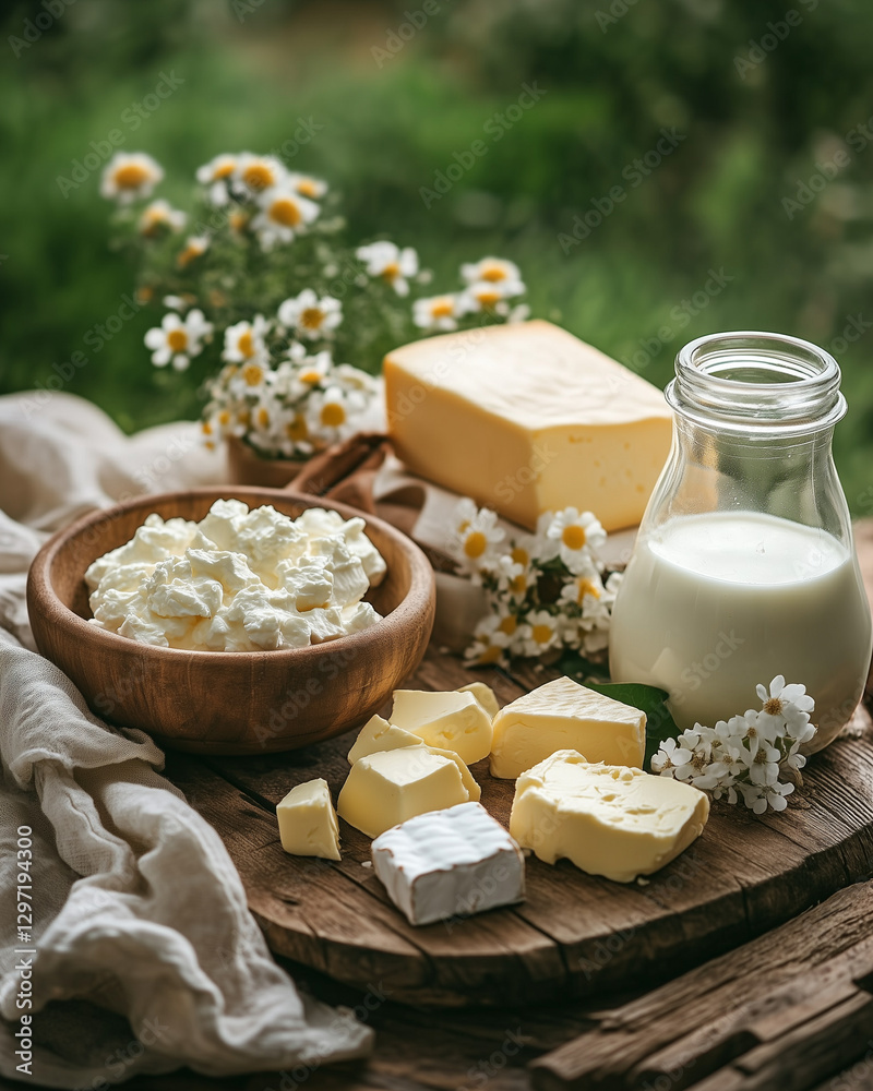 Fresh dairy products with milk and cheese on rustic wooden table Fresh dairy products with milk and cheese on rustic wooden table