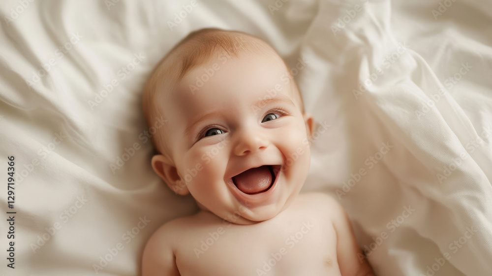 newborn baby lying on a clean white sheet, laughing with an open mouth, natural baby pose with soft diffused light, smooth skin tones,  professional baby photoshoot