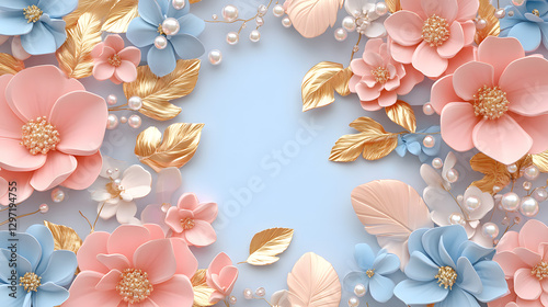 3D floral pattern with pink and blue flowers, pearls, and gold leaves. 
