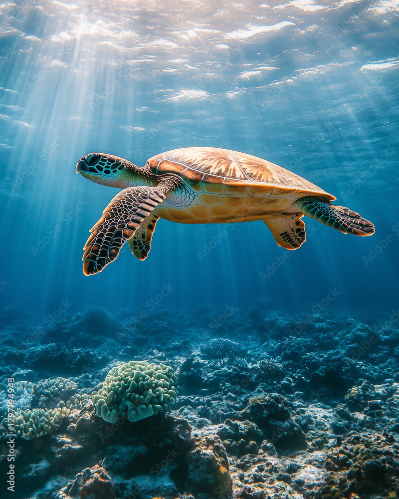 Fototapeta premium Sea turtle swimming over coral reef in clear ocean water